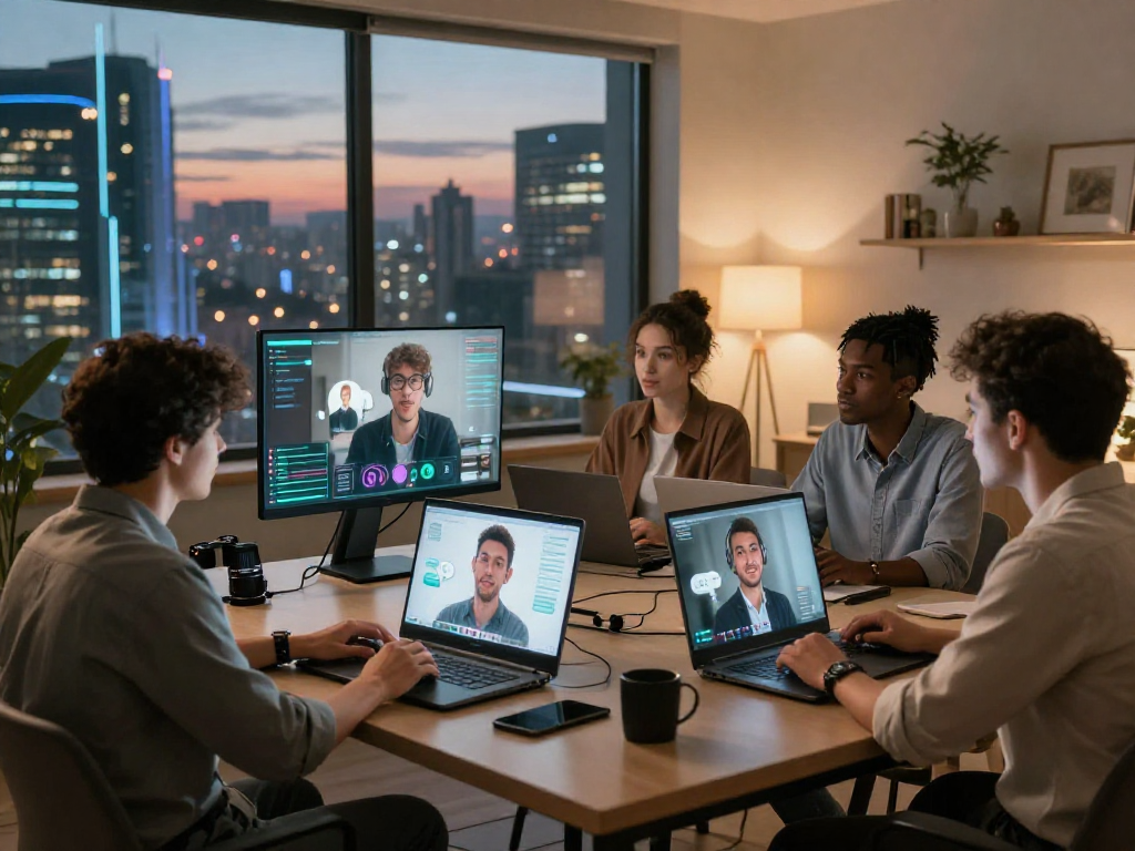 Engaging ai sex chat scene with diverse individuals interacting through modern devices and digital avatars.