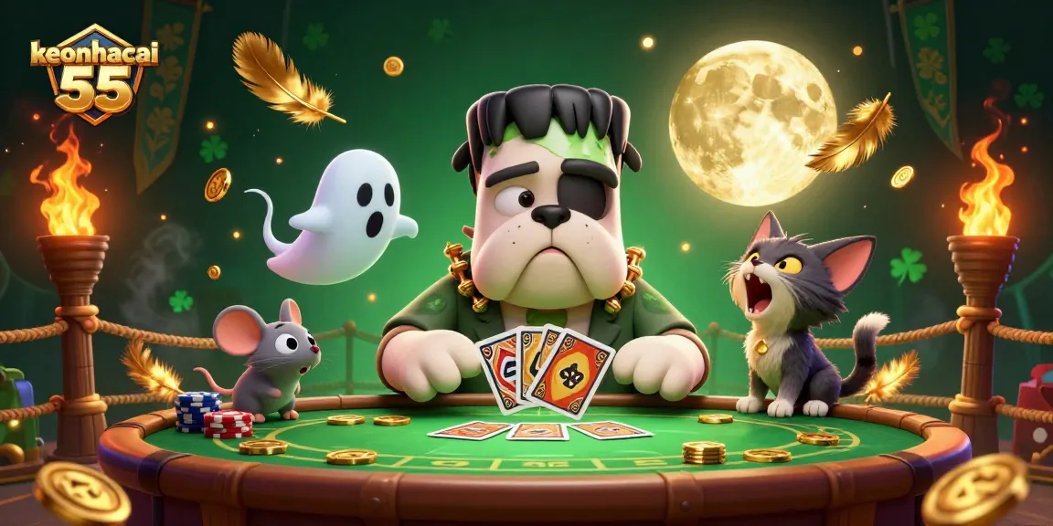 Experience keonhacai 55 thrills as a Frankenstein bulldog deals cards amidst an enchanting casino scene.
