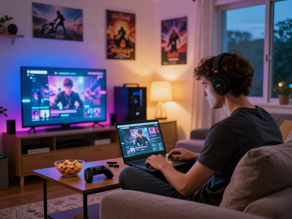 Engaging scene of a young man playing an html porn game on a laptop in a cozy gaming setup with ambient LED lights.