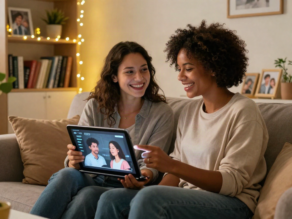 Couple interacting with AI sex simulation on tablet in cozy modern living room