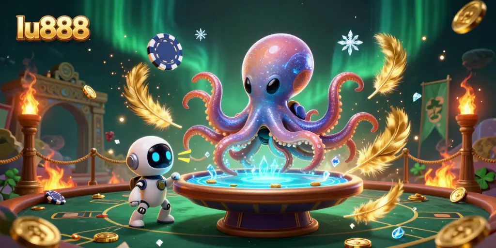 Win big at lu888's gaming table with an alien octopus and tiny robot companion in a vibrant 3D scene.
