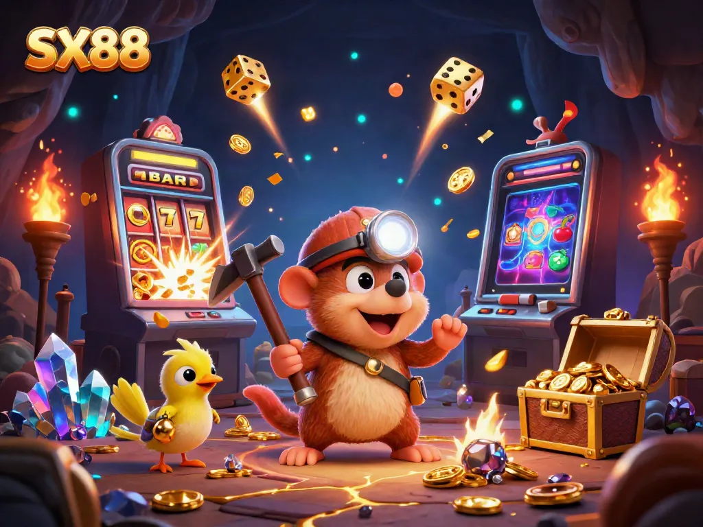 Engage with the thrilling SX88 casino experience featuring the treasure hunter mole amidst a jackpot explosion.