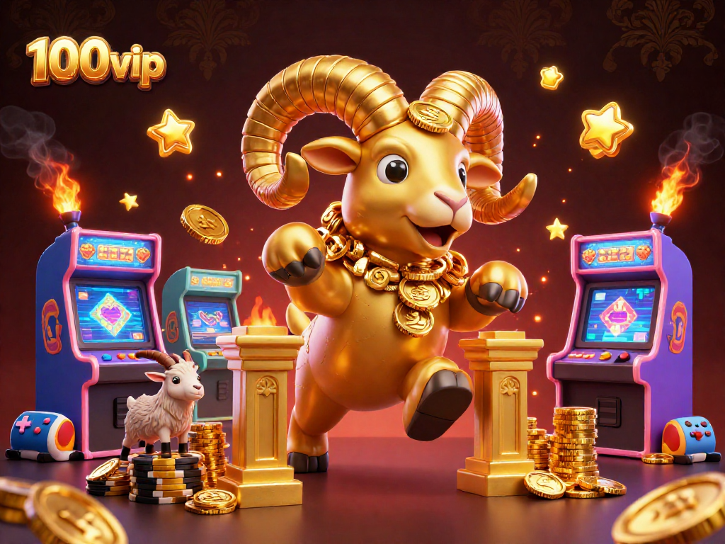 Immerse in 100vip's lively casino world featuring the golden ram at the gate, surrounded by vibrant gaming elements.