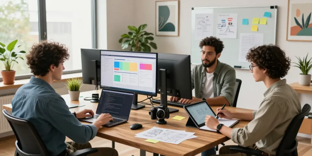Developers collaborating on projects in a vibrant workspace using an AI image generator for innovative UI designs.