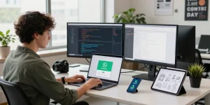 Engaging workspace showcasing developer focused on WhatsApp下載 and app design integration