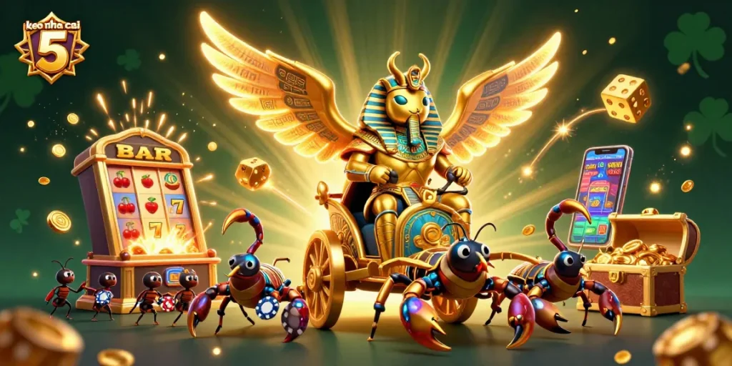 Betting on keo nha cai 5 with a dazzling slot machine and vibrant casino elements.