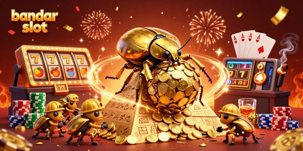 Spin the reels at bandar slot with vibrant golden coins and dynamic casino elements.