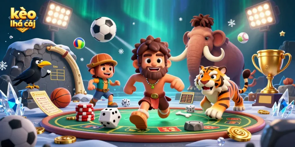 Betting on kèo nhà cái with a dynamic prehistoric casino featuring cavemen and sports elements