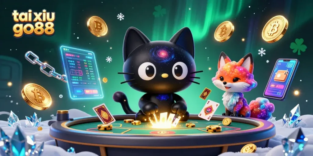 Engage in thrilling tai xiu go88 gameplay amidst a vibrant cosmic casino atmosphere.