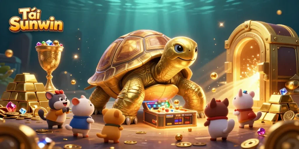 Experience the thrill of Tải Sunwin with this vibrant 3D casino scene featuring golden treasures and animated characters.