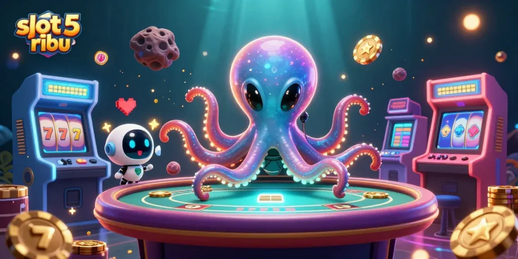 A vibrant casino scene showcasing slot 5 ribu with an alien octopus playing poker and orbiting poker chips.