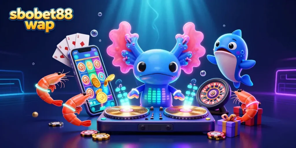 SboBet88 wap showcases vibrant underwater casino activities with a DJ axolotl and glowing shrimp.
