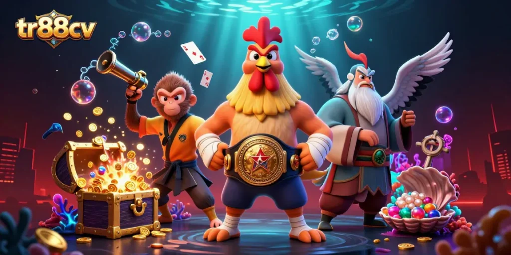 Engage in thrilling gaming adventures with tr88cv, featuring dynamic characters and vibrant casino elements.