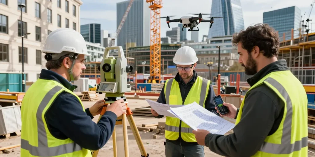 Land surveyors London conducting a topographical survey in an urban area, showcasing modern surveying technology and teamwork.