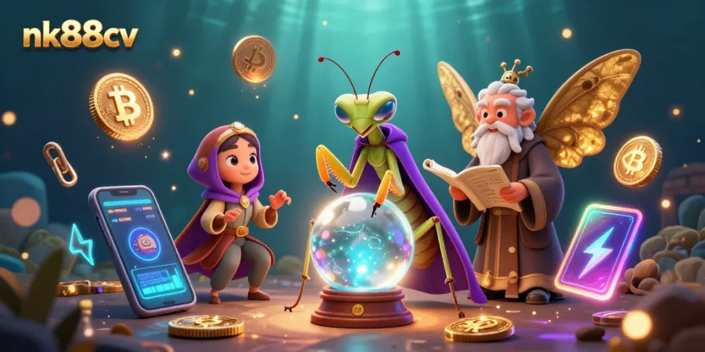 Spin and win with nk88cv in this vibrant, magical casino scene with fortune tellers and crypto.