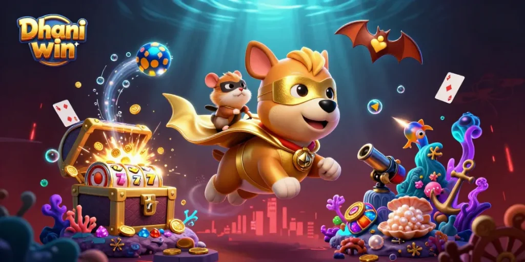 Dive into exciting adventure with Dhani win featuring cartoon dog and hamster in a fun-filled casino universe.