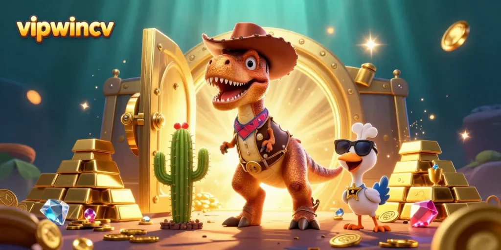 Engage in thrilling games at vipwincv with T-Rex cowboy and friends in a dynamic 3D setting.