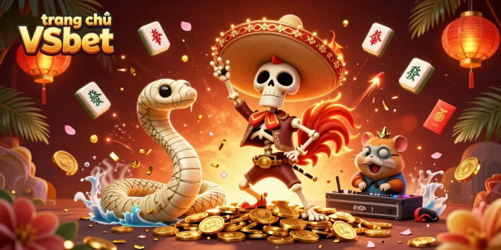 Experience the excitement of trang chủ VSbet with a vibrant party scene featuring a skeleton mariachi rooster and engaging characters.
