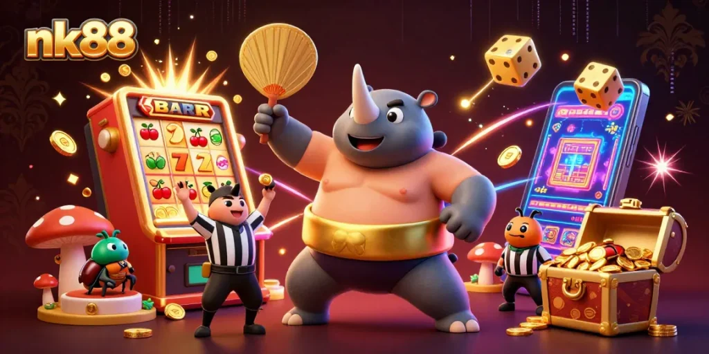 Engaging in vibrant nk88 gameplay, the beetle champion and referee amidst flying coins and casino excitement.