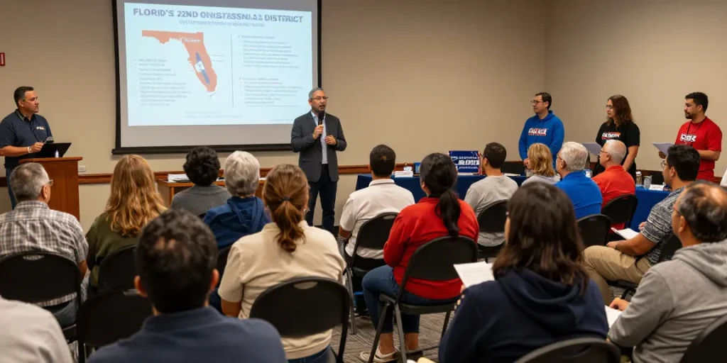 Casey Askar speaking at a town hall meeting in FL-22, engaging voters with community-focused dialogue.