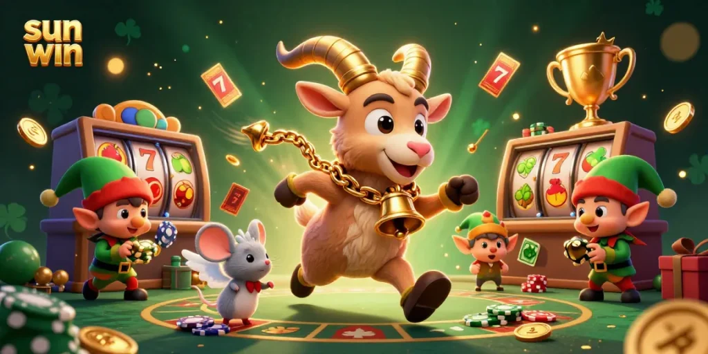 Join the action at Sun Win with a lively scene of a festive casino filled with vibrant game elements and characters.