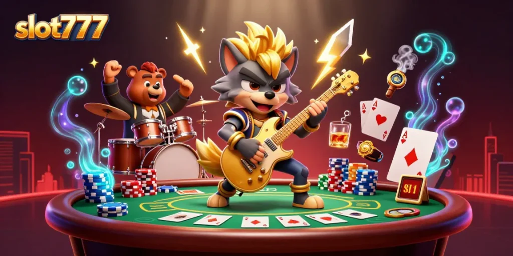 Experience the excitement of slot777 with a rock star wolf and bear drummer in a vibrant casino scene.