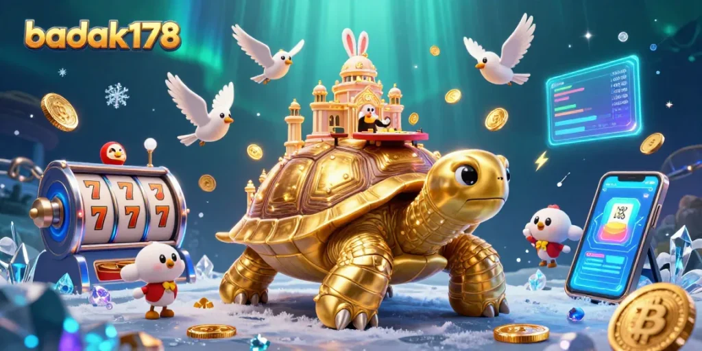 Play exciting games at badak178 featuring a whimsical casino scene with engaging characters and crypto elements.