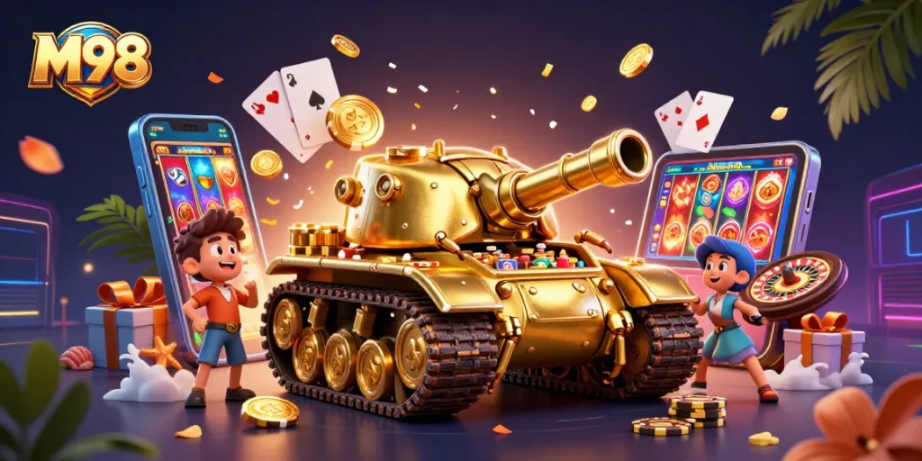 Win big with M98 in a vibrant, engaging 3D casino scene featuring exciting gaming elements.
