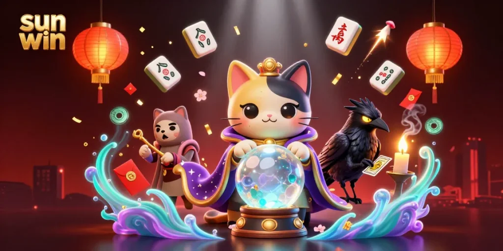 Engage in the sun win experience with a lively scene featuring mystical characters, gambling elements, and energetic visuals.