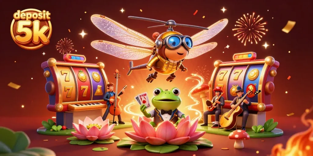 Experience thrilling gameplay with deposit 5k slot machines surrounded by festive characters and vibrant elements.