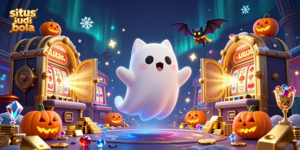 Catching exciting action at situs judi bola with vibrant characters and glowing treasure in a haunted casino.