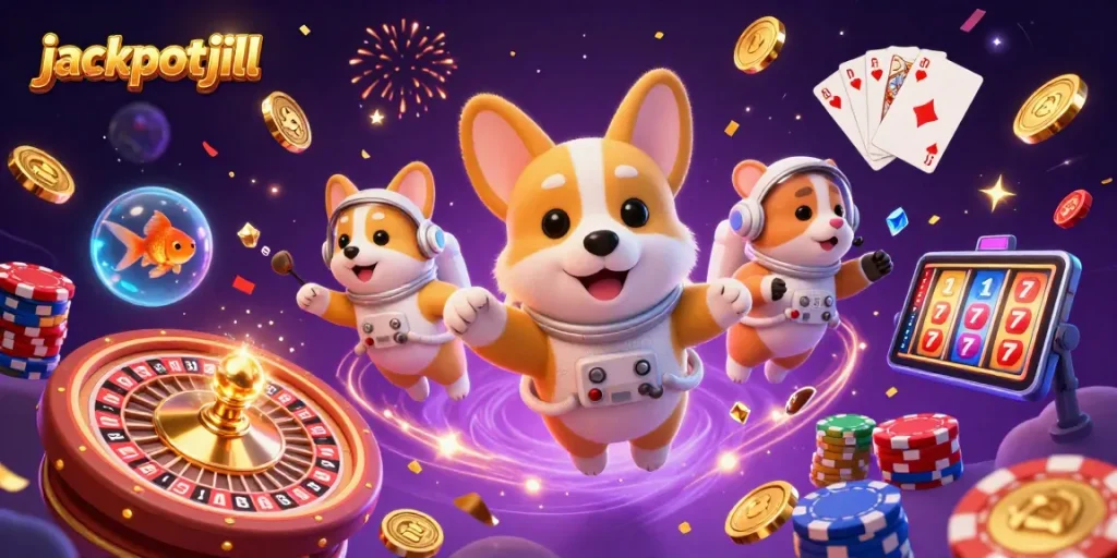 Experience jackpotjill's cosmic casino with an astronaut corgi and vibrant slot reels!